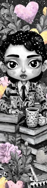 Free teacher bookmark featuring a gray-faced teacher holding coffee